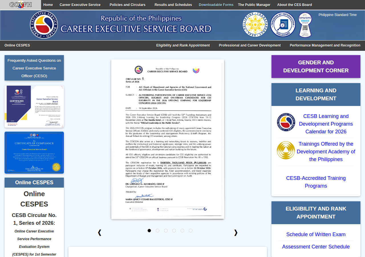 Career Executive Service Board homepage before