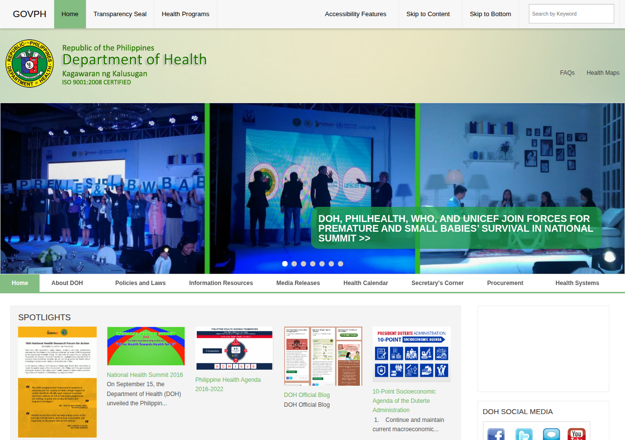 Department of Health homepage before