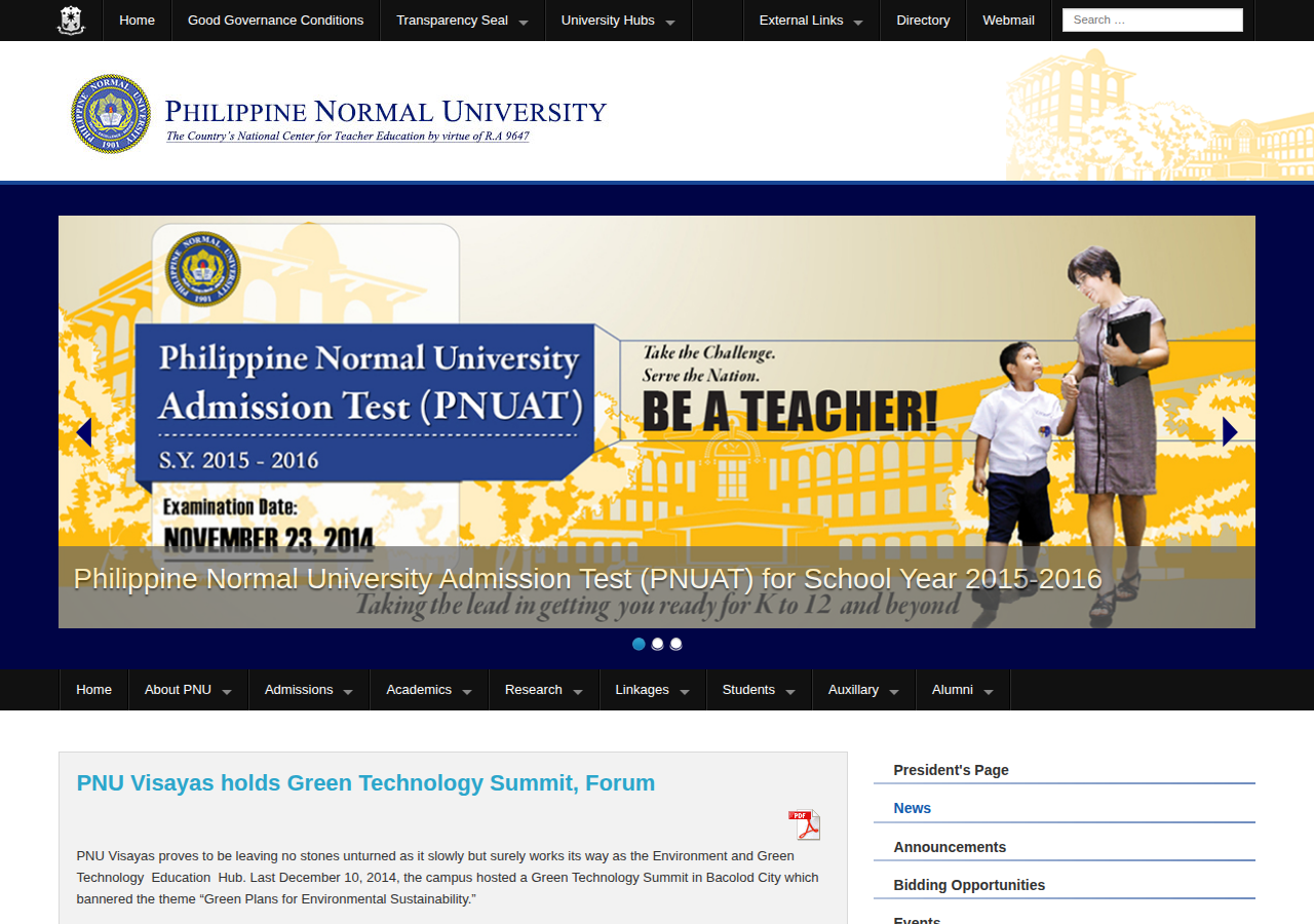 Philippine Normal University homepage before