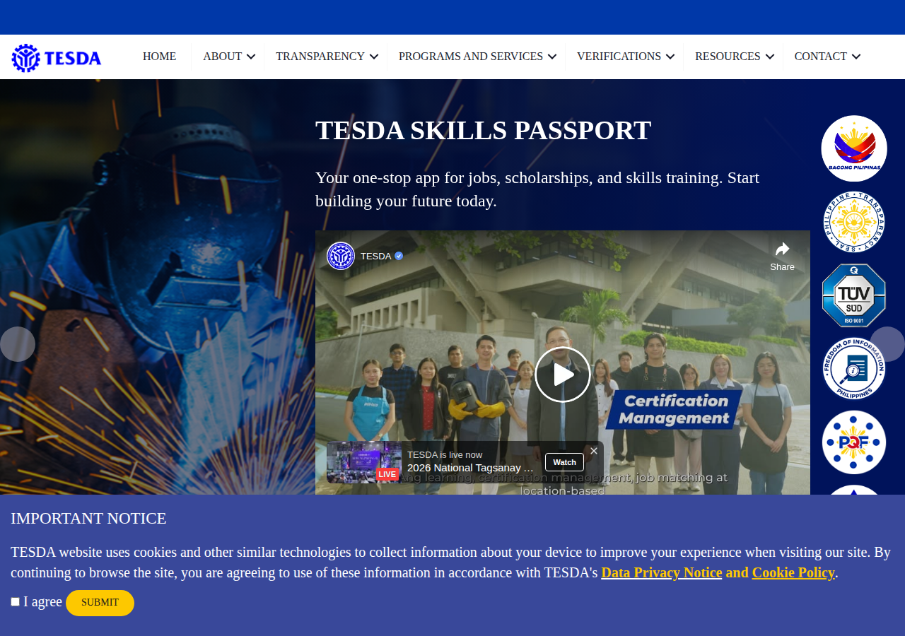 Technical Education and Skills Development Authority homepage before