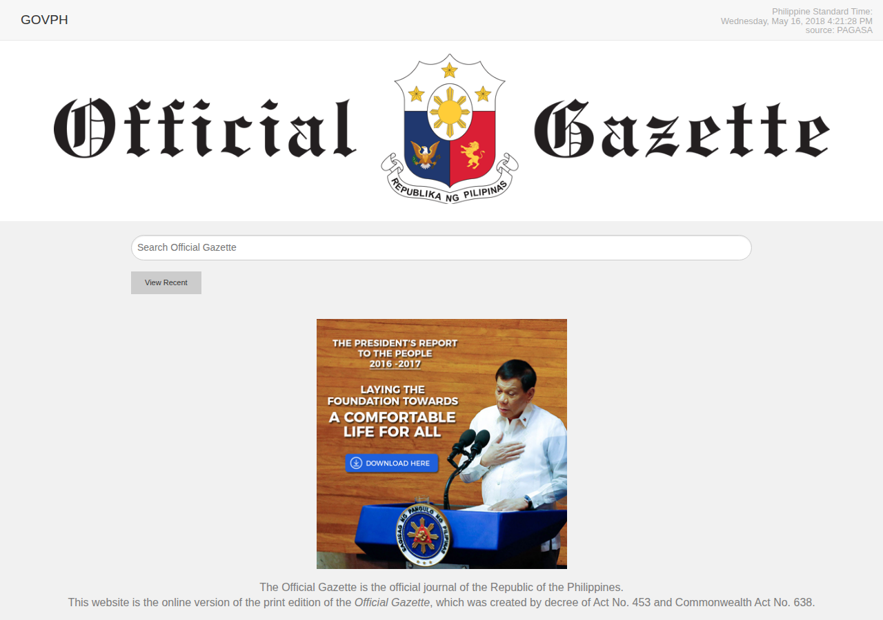 Official Gazette of the Republic of the Philippines homepage before